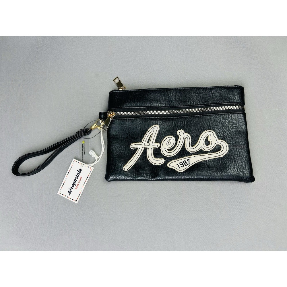 Aeropostale Black Faux Leather Zipper Pouch Cosmetic Clutch Aero‎ Bag NWT